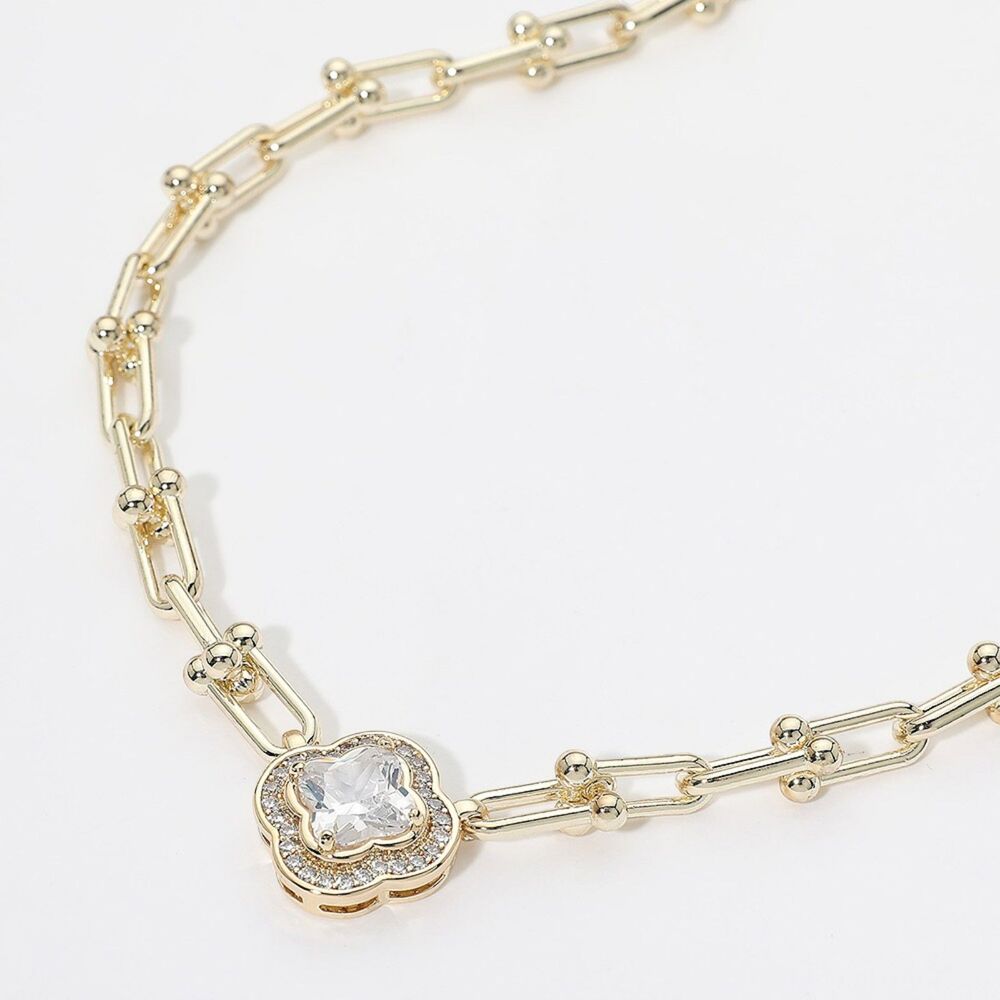 14K Gold Clover U-Link Trendy Hardware Industrial Link Chain Necklace Quatrefoil
